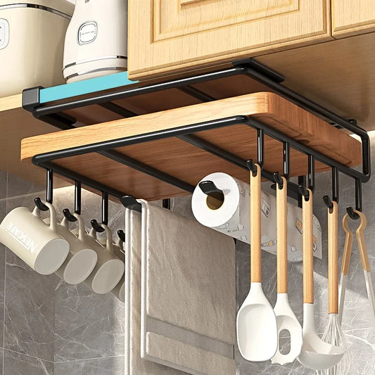 Kitchen Hanging Organizer Rack with Hooks Under Cupboard Paper Towel Rags
