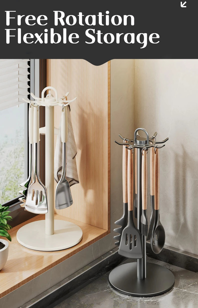 Kitchen Utensil Stand: Rotating Storage Hanger with 8 Hooks