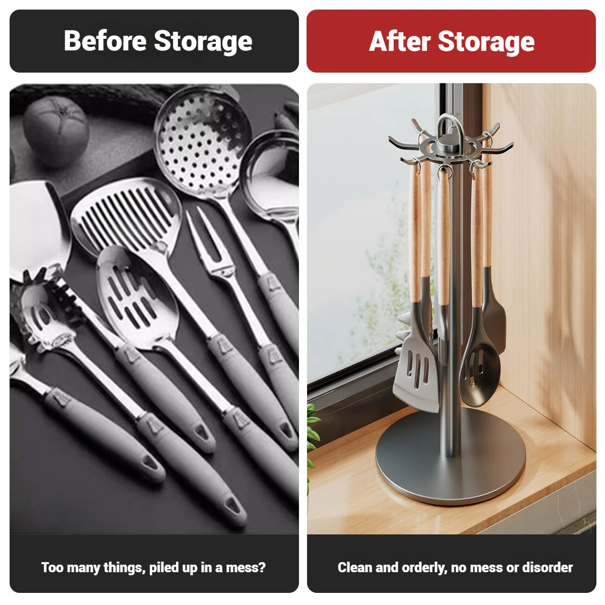 Kitchen Utensil Stand: Rotating Storage Hanger with 8 Hooks
