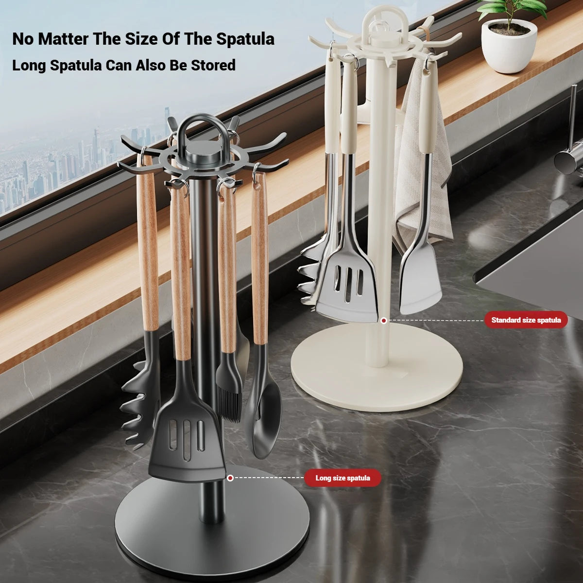 Kitchen Utensil Stand: Rotating Storage Hanger with 8 Hooks