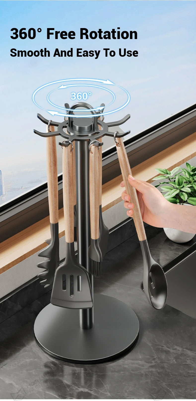 Kitchen Utensil Stand: Rotating Storage Hanger with 8 Hooks