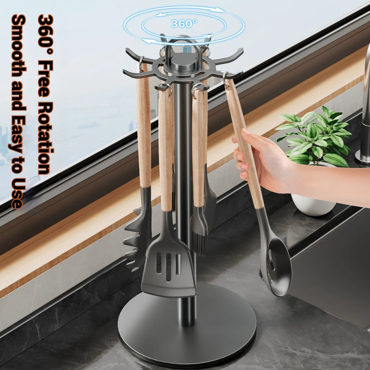 Kitchen Utensil Stand: Rotating Storage Hanger with 8 Hooks