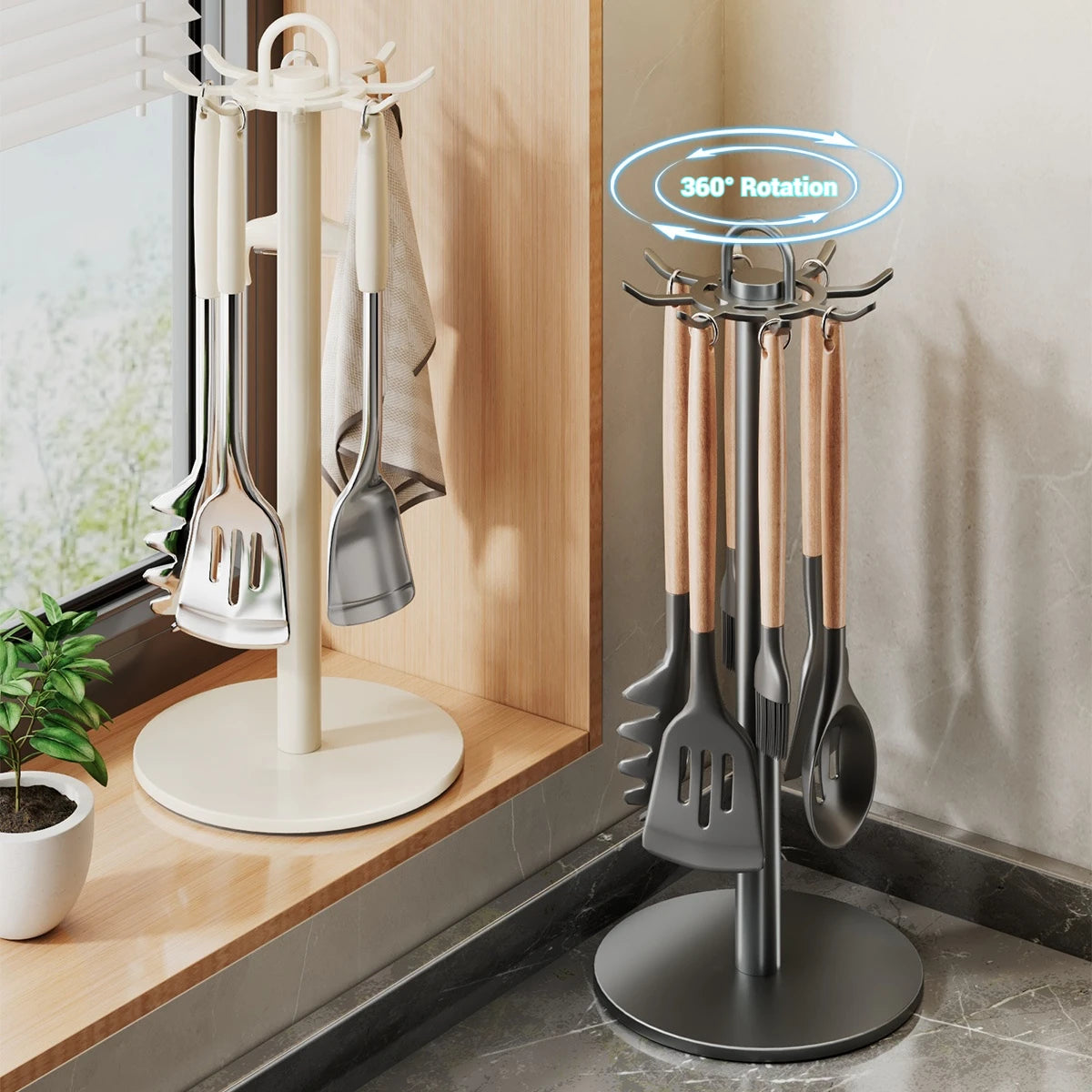 Kitchen Utensil Stand: Rotating Storage Hanger with 8 Hooks